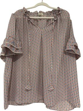 Max Studio Multi-Print V-Neck Peasant Blouse with Double Ruffle sleeves, 3X